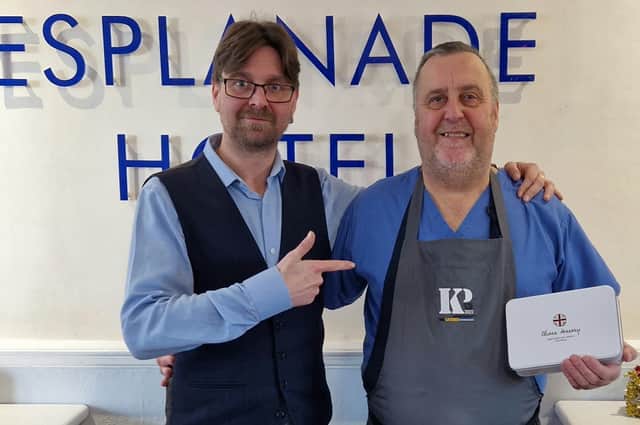 Roy Madden, kitchen porter at The Esplanade Hotel in Scarborough, with general manager Simon Vooght.