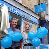 Shop manager Jim Pynn and volunteer Alison Seaward celebrate the first anniversary of Yorkshire Cancer Research’s Pickering shop.