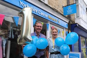 Shop manager Jim Pynn and volunteer Alison Seaward celebrate the first anniversary of Yorkshire Cancer Research’s Pickering shop.