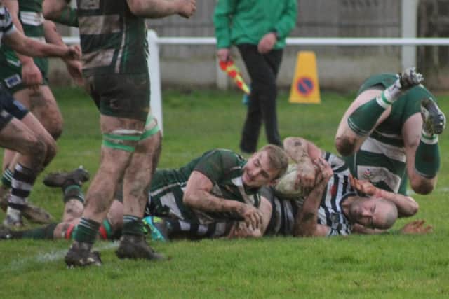 Joe Holbrough crashes over for the second of his two tries. PHOTO BY PHIL GILBANK