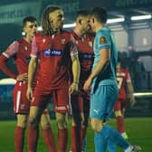 The Boro and Farsley players square up  Photo by James Thackeray