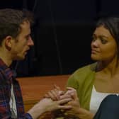 Carla Harrison-Hodge and Emilio Iannucci are directed by Paul Robinson in Nick Payne’s romantic drama Constellations which is played out within a prism of fibre optics at the Stephen Joseph Theatre