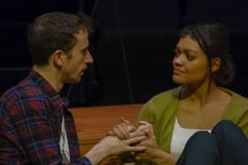 Carla Harrison-Hodge and Emilio Iannucci are directed by Paul Robinson in Nick Payne’s romantic drama Constellations which is played out within a prism of fibre optics at the Stephen Joseph Theatre