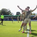 Dom Tear is mobbed by teammates after completing his hat-trick to put Boro 3-2 ahead at Radcliffe on Saturday. PHOTOS BY ZACH FORSTER