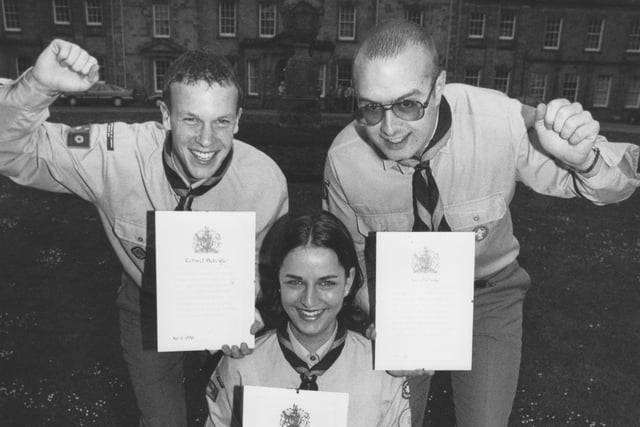 These three Scarborough Venture Scouts gained the Queen's Scout Award at Wykeham Hall in May, 1997. Pictured left to right with their awards are Richard Metcalfe, Jacky Waller, and Iain Clarke. 