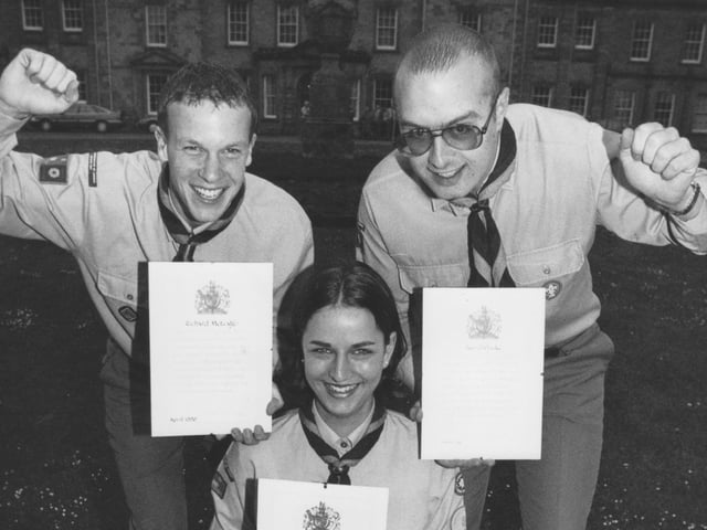 These three Scarborough Venture Scouts gained the Queen's Scout Award at Wykeham Hall in May, 1997. Pictured left to right with their awards are Richard Metcalfe, Jacky Waller, and Iain Clarke. 