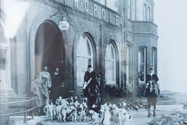 Iain's grandfather pictured on horseback outside the Metropole Hotel in 1950.