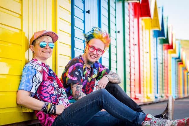 Nicola Saunders-Jones and Jack Bean who were exhibiting their fashion brand "Offend My Eyes" in Whitby for the first day of Goth Weekend.  Friday 21 April 2017. w171605a
 Picture: Ceri Oakes