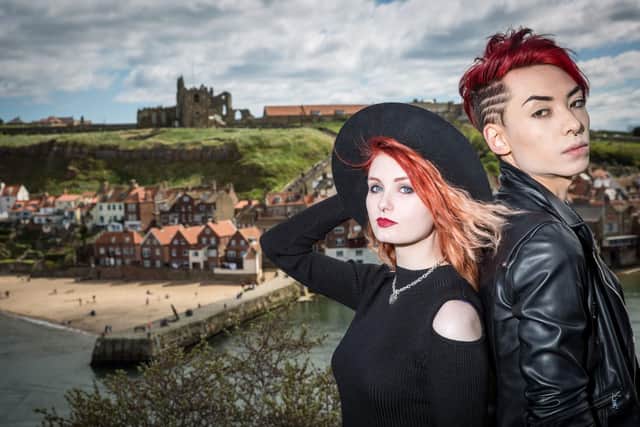 Models Luci Fallen and Kuro enjoy the view at Whitby Goth Weekend.  Friday 21 April 2017. w171605e
 Picture: Ceri Oakes