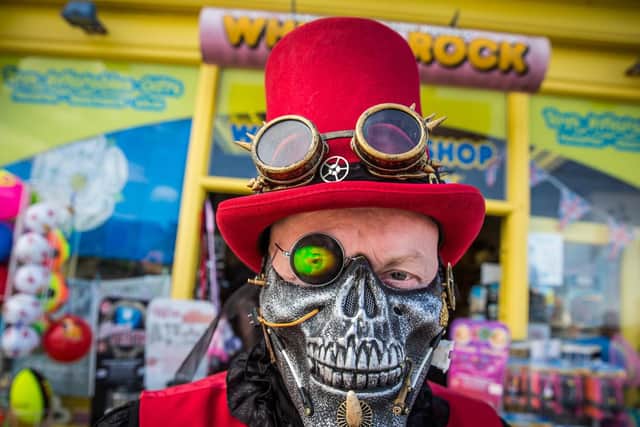 David Gee, 53 from Pontefract turned heads with his unusual face mask for Whitby Goth Weekend.  Friday 21 April 2017. w171605m
 Picture: Ceri Oakes