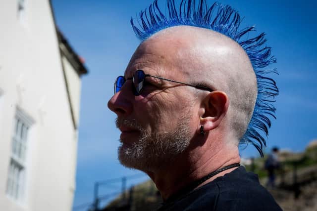 Jeff Keeble from York catches some sun at Whitby Goth Weekend.  Friday 21 April 2017. w171605u
 Picture: Ceri Oakes