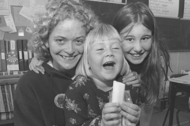 Kirsti Greenhough, centre, and Alex O'Shea, right, attended half term activities at the Filey Cabin Club in October 1996 - they are pictured with play supervisor Julie Howard, after a trip to the John Bull Factory.