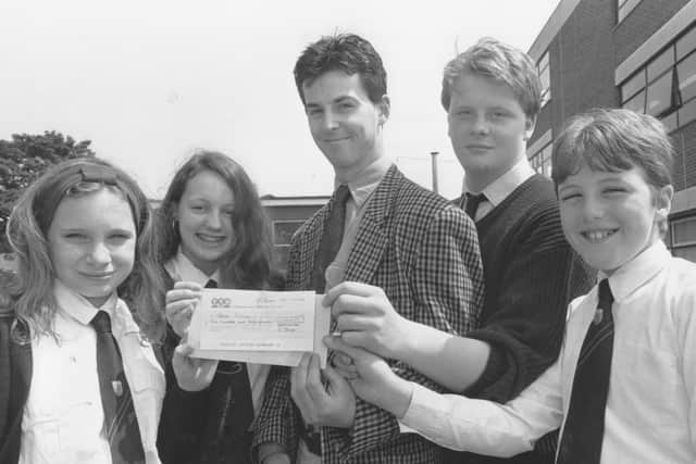 Members of Pindar School Council presented an old boy with a cheque to help him on his way back in June 1992, from left: School Council Chairman Nicola Murray-Fagan, Secretary Jane Slingsby, Adrian Pickup, Julian Harris representating year 10, and year 7 representative Jonathan Oakes.