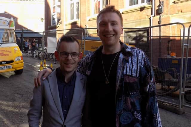 Jed has his photo taken with comedian Joe Lycett.