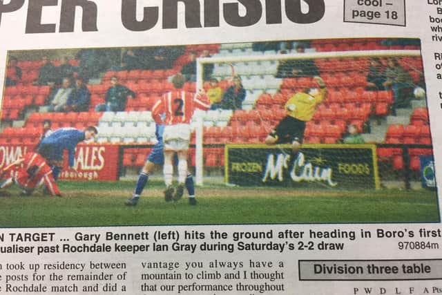 Gary Bennett hits the ground after scoring for Boro