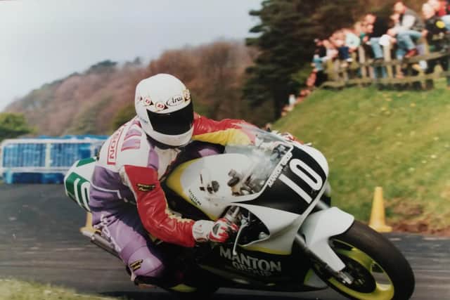 Lee Pullen in action in April 1995's meeting at the track - but he crashed out of the action in race nine.