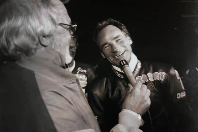 Oliver's Mount favourite Barry Sheene interviewed by a commentator in Scarborough in 1996.