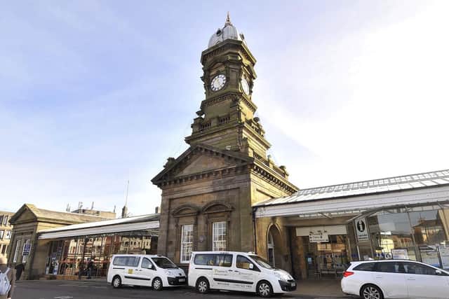 Scarborough Railway Station. Scarborough station opened on Monday  July 7 1845, following the completion of the line from York.

The first train, consisting of 35 coaches was hauled by two locomotives named 'Hudson' and 'Lion' arriving in Scarborough at 1:35 p.m., having stopped at Castle Howard, Malton and Ganton, taking just over three hours. All the shops closed, and an estimated ten to fifteen thousand spectators saw the arrival of the first train.

The original station building was designed by GT Andrews. It had a wrought iron and glazed roof, 348 feet long by 88 feet wide in two spans, and 30 feet from the rails. 

On the opening day, the station was complete, except for the overall roof and the goods shed in the station yard had not been built.