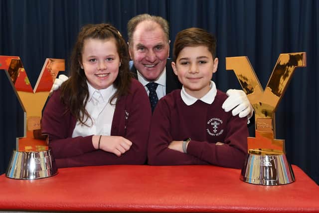 Alan Rowley from Welcome To Yorkshire with Martongate School pupils Imogen Swales and Sam Pannell.