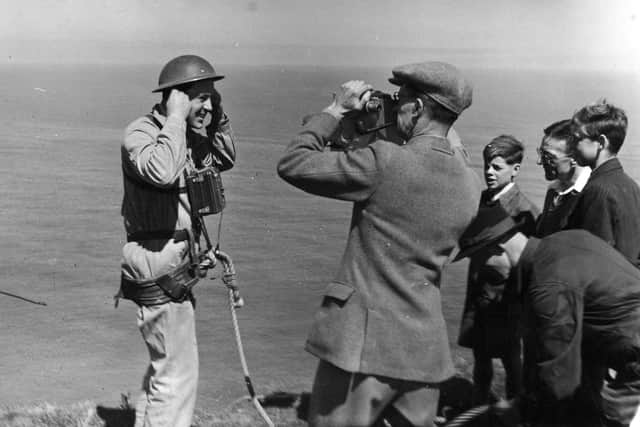 Climmers, who collected eggs from birds' nests on the clifs, are filmed in 1946.