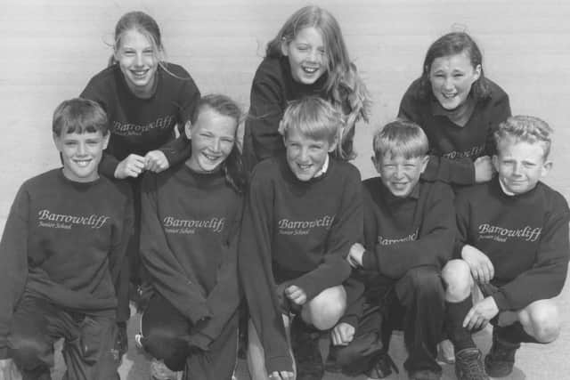 All smiles for Barrowcliff School's Cross Country team pictured in April 1995, from left, Graham Nessbert, Jenna Wheatman, Jessica Laing, Leah Falcon, David Pearson, Kirsty Johnson, John Ellwood, Matthew Hillaby.