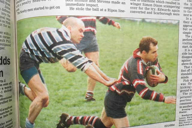 Rob Bell dives over the try line for Scarborough RUFC