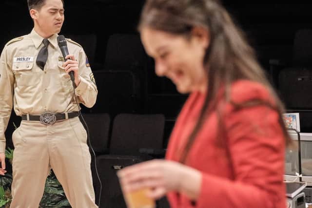 Jun Hwang as Timothy and Rachel Henley as Louise - the prodigal daughter of Josie who turns up unannounced at a birthday party