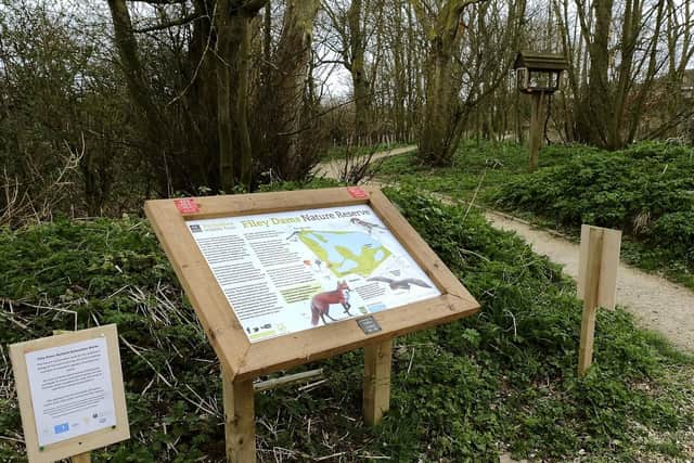 Visitors can find information on the entrance to Filey Dams. Picture by Richard Ponter 191302m
