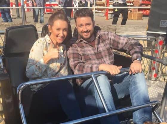 Catherine Tyldesley and Jason Manford enjoy the rides at Luna Park.