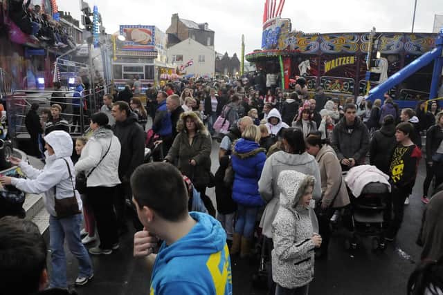 Young and old pack in to Scarborough Fair in 2012 despite the rain.