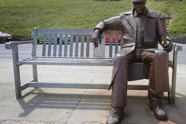 Based on a retired miner who was one of the first soldiers to liberate the Bergen-Belsen concentration camp at the end of World War Two. Maureen Robinson, of Scarborough, purchasedthe giant statue for 48,000 in 2011.