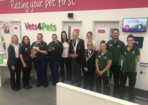 Jade McGreal (receptionist), Amelia Battersby (vet), Jenny Mackay (vet nurse), Kelly McManus (vet nurse), Jade Spoors (receptionist), Eve Whitehead (receptionist), Cllr Colin Croft and Bridie Croft (Mayor and Mayoress), deputy manager Mel Halstead, store manager Martin Moore and assistant manager Stacey Mitchell.