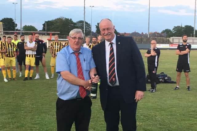 Brid Town chairman Pete Smurthwaite with Boro chairman Trevor Bull