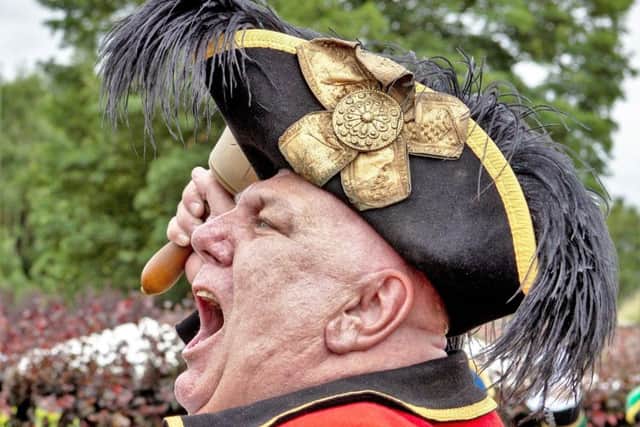 Helmsley Town Crier David Hinde in full flow. Photo by Steve Bell.