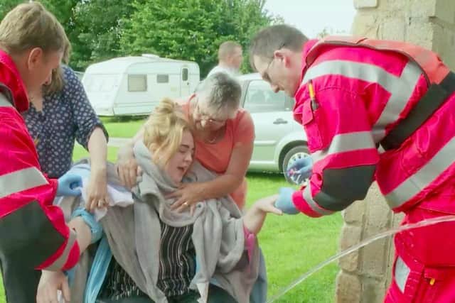 Emily Moffitt is taken to hospital by The Yorkshire Air Ambulance crew.