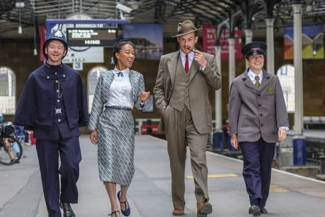 Cast of The 39 Steps, Niall Ransom, Amelia Donkin, Sam Jenkins-Shaw and Laura Kirman - on Scarborough Railway Station