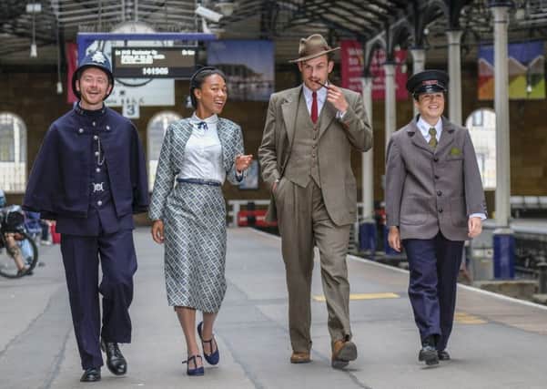 Cast of The 39 Steps, Niall Ransom, Amelia Donkin, Sam Jenkins-Shaw and Laura Kirman - on Scarborough Railway Station