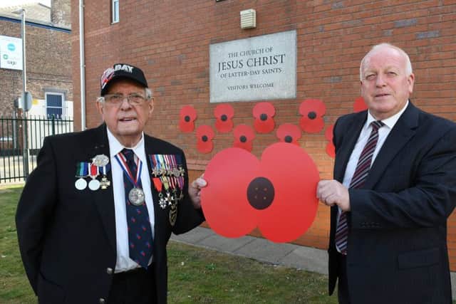 D-Day veteran Eric Hudson and Bishop Steven Gregory at the Church of Jesus Christ of Latter-Day Saints.