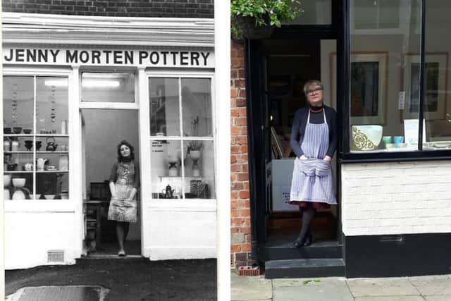 Jenny Morten outside her first workshop in South London 40 years ago and outside her current High Street home.