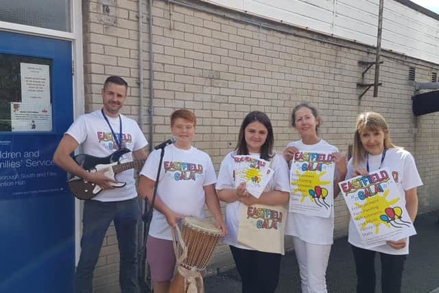 Family outreach workers Spencer, Frances and Elizabeth with young people who will be performing at the gala