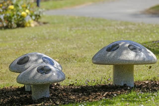 The ornamental stone mushrooms at Scarborough Crematorium