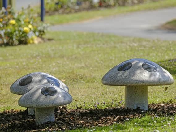 The ornamental stone mushrooms at Scarborough Crematorium
