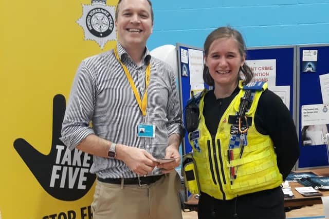 PCSO Stacey Begin with Matt O'Connor, Lecturer in Policing at Coventry University Scarborough, at the Freshers' Fair