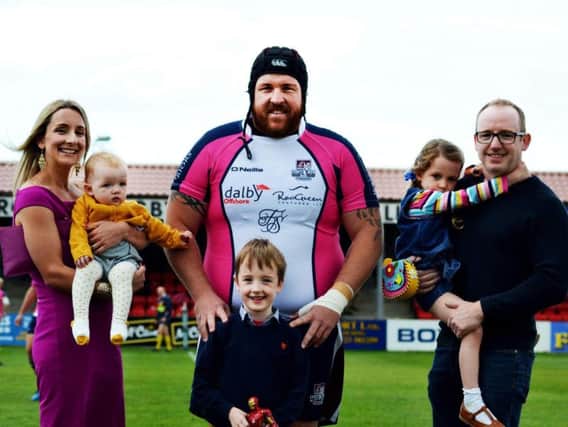 Daisy Fitzpatrick with mum Ellie and dad Neil with brother Charlie and sister Rosie, with Scarborough RUFC skipper Matty Jones (right)