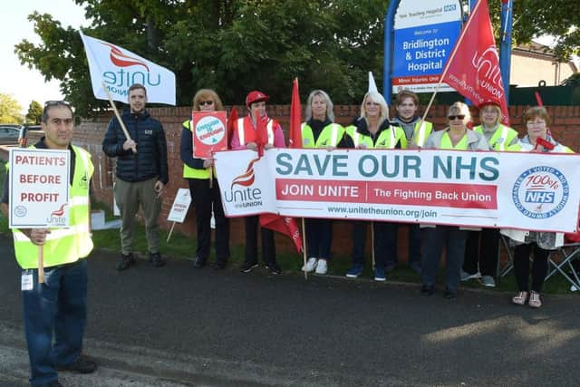 Bridlington Hospital staff waved flags and banners at the entrance to the site.