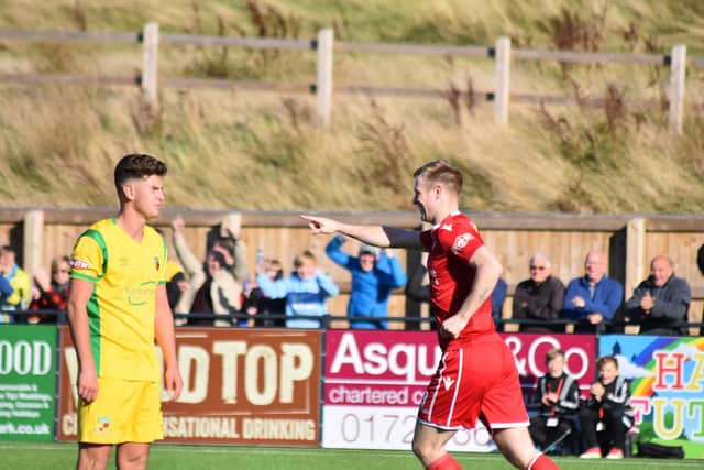James Walshaw celebrates a goal against Nantwich