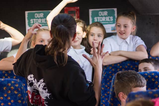 Stephen Joseph Theatre practitioner Ceridwen Smith with children from local primary schools