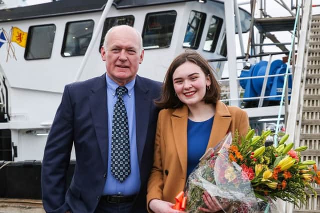 James Monaghan and his daughter Kayleigh at the naming ceremony of Atlantic Dawn.