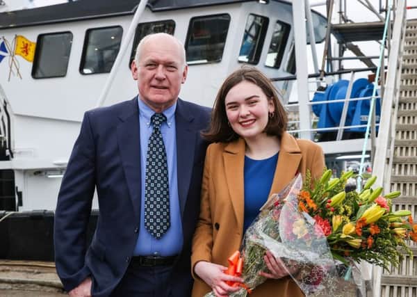 James Monaghan and his daughter Kayleigh at the naming ceremony of Atlantic Dawn.