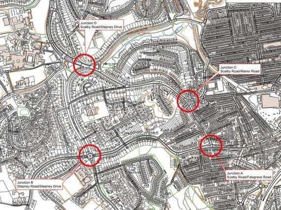 The areas that could benefit are the junctions of Stepney Road and Stepney Drive, Scalby Road and Manor Road, Scalby Road and Stepney Drive, and Scalby Road and Falsgrave Road.